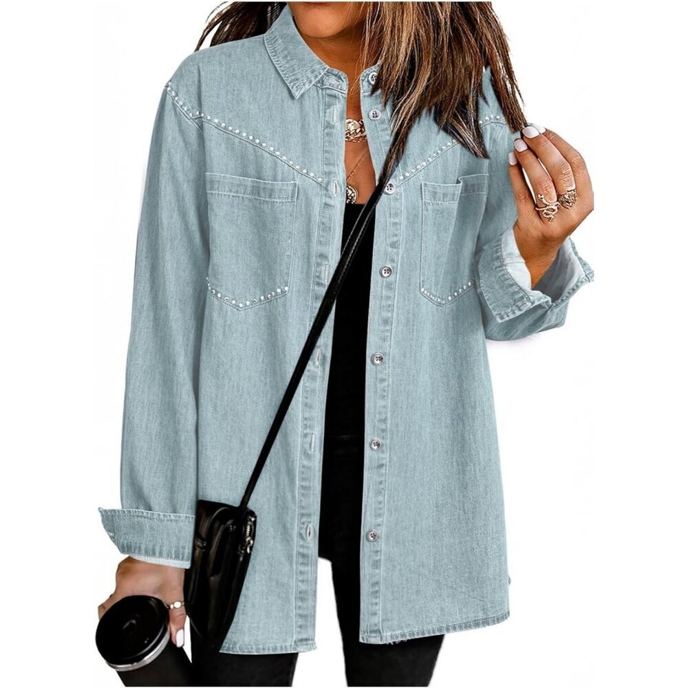 Women's Denim Shirt Long Sleeve Button Down V Neck Denim Jacket Beau Blue